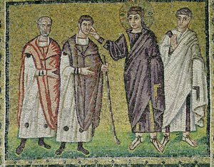 De genezing van twee blinden uit Jericho, scènes uit het leven van Christus (mozaïek) door Byzantine School