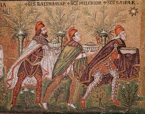 De aanbidding van de wijzen (Detail van mozaïeken, 6e eeuw) door Byzantine School