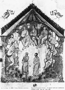 De apostelen verzameld voor de vervanging van Judas door Matthias, folio uit de Rabula-evangeliën door Byzantine School