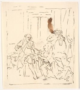 Een vrouw knielt voor een zittende man. Op de achtergrond een huilende vrouw die zich aan een stoel vasthoudt. Theaterscène? door C.A. Lorentzen
