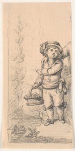 Kleine jongen met bloemenmand. Afgesneden