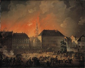 De verschrikkelijkste nacht. Uitzicht op Kongens Nytorv in Kopenhagen tijdens het Engelse bombardement van Kopenhagen in de nacht van 4 op 5 september 1807 door C.A. Lorentzen