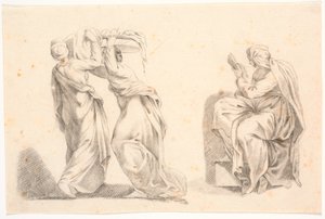 Twee vrouwen in klassieke gewaden die een mand dragen en een sibille naar Michelangelo