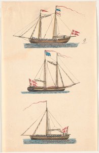 Drie Marineschepen met Deense Vlaggen. Roeiboten door C.A. Lorentzen