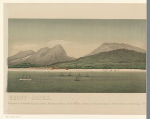 Gezicht op de kust van Groot-Atjeh, met voor de kust de vloot van de Eerste Atjeh-expeditie, derde deel door C.A. Whitten