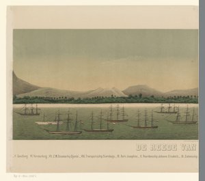 Gezicht op de kust van Groot-Atjeh, met voor de kust de vloot van de Eerste Atjeh-expeditie, tweede deel door C.A. Whitten