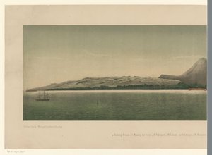 Gezicht op de kust van Groot-Atjeh, met voor de kust de vloot van de Eerste Atjeh-expeditie door C.A. Whitten
