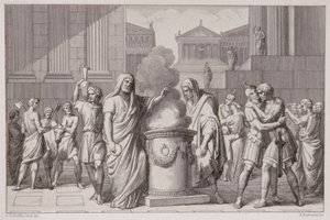 De Ontmoeting van Camillus en Manlius na de Terugtocht van de Galliërs, gegraveerd door B.Barloccini door C.C Perkins
