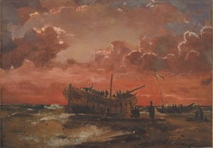 Een wrak aan de westkust van Jutland bij zonsondergang door C.F. Sørensen