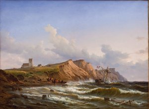 Schipbreuk na een storm voor de westkust van Jutland bij de kerk van Ferring