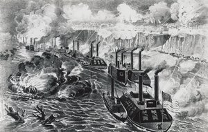 Vloot van admiraal David Dixon Porter doorbreekt de rebellenblokkade op de Mississippi bij Vicksburg, 16 april door J.B. and Brown J. Rowbotham