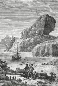 Ontdekking van Austral Frankrijk (Kerguelen-eilanden) door Franse ontdekkingsreiziger Yves-Joseph de Kerguelen-Tremarec (1734-1797), februari 1772, gravure, Indische Oceaan, Gebied van de Franse Zuidelijke en Antarctische Gebieden door J.B. and Brown J. Rowbotham