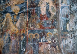 Fresco in kerk van Metamorphosis Sotiros, Voutas, Kreta, Griekenland (foto)