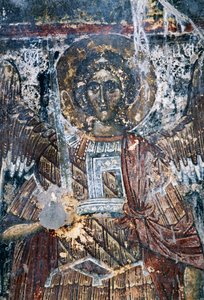 Paard, beschadigde fresco op plafond van de kerk van Agios Vasileios, Vavouledo, Kreta, Griekenland (foto)