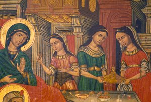 Madonna en vrouwen die voedsel dragen, Arkadi, Kreta, Griekenland (foto)