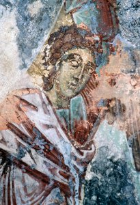 Mannelijke figuur, beschadigde fresco op plafond van kerk van Agios Vasileios, Vavouledo, Kreta, Griekenland (foto)