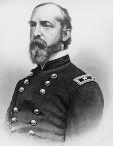 Portret van George Gordon Meade (1815-1872), generaal van het Amerikaanse leger en civiel ingenieur die een cruciale rol speelde in de Amerikaanse Burgeroorlog door het verslaan van het Confederale leger bij Gettysburg, gravure naar foto door J.B. and Brown J. Rowbotham