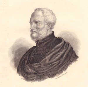 Portret van de Italiaanse diplomaat en geograaf Giovanni Battista Ramusio, kopergravure