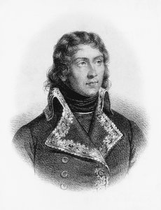 Portret van Louis-Charles-Antoine Desaix de Veygoux, Franse militaire held die troepen leidde in de Duitse, Egyptische en Italiaanse campagnes van de Franse Revolutionaire Oorlogen, gravure door J.B. and Brown J. Rowbotham
