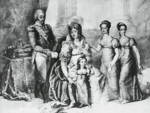 Portret van Victor Emmanuel I, Koning van Sardinië en Hertog van Savoye, Piëmont en Aosta, met zijn vrouw Maria Theresa van Oostenrijk-Este en zijn dochters, Maria Teresa van Savoye (1803-1879), Maria Anna van Savoye en Maria Cristina van Savoye door J.B. and Brown J. Rowbotham