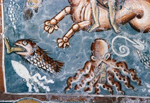Zeewezens, detail van fresco in de kerk van Agios Georgios, Mourne, Kreta, Griekenland (foto)
