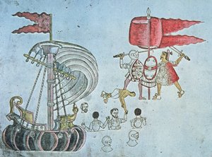 Spaanse soldaten van Hernan Cortes waden aan land in 1519 om de Azteken te bevechten, gekopieerd uit de Codex Azcatitlan, ca. 1550