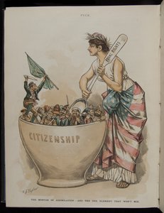 De mortier van assimilatie - en het ene element dat niet wil mengen, illustratie uit Puck Magazine, 26 juni 1889