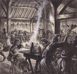 Een feest in een Angelsaksische thegnszaal (gouache op papier) door C.L. Doughty