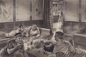 Anglo-Romeinen eten in het triclinium (gouache op papier)