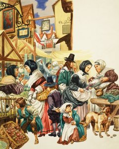 Jacobean straatbeeld (gouache op papier) door C.L. Doughty