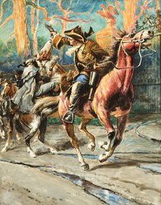 The Exploits of a Highwayman (gouache op papier) Na elke overval leek William Page zichzelf te kunnen wegcijferen - tot de volgende van zijn gedurfde escapades; zijn reeks successen werd gestopt bij een poging tot overval op de Great North Road; door C.L. Doughty
