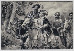 De Heer Beschermer, de Hertog van Somerset, brengt de jonge Koning Edward VI naar Windsor (gouache op papier)