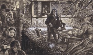 De dichter John Milton in zijn tuin, met zijn dochters (gouache op papier)