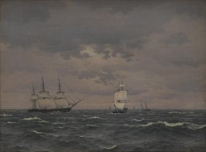 Een korvet dat zeilen reef in een frisse wind en enkele andere schepen door Christoffer Wilhelm Eckersberg