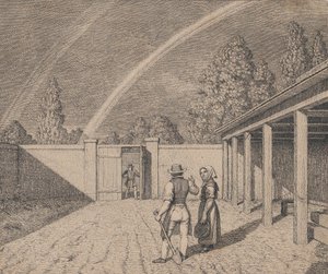 Een paar in gesprek in een stal, met een dubbele regenboog boven hun hoofd, uit 