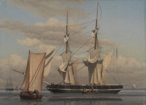 Een Amerikaanse marinebrig die voor anker ligt terwijl haar zeilen drogen door Christoffer Wilhelm Eckersberg