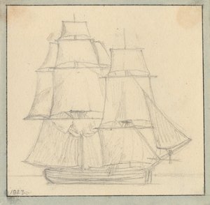 Een brik met leeszeil op de grote mast door Christoffer Wilhelm Eckersberg