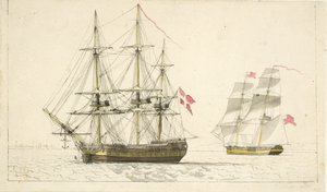 Een Deense fregat voor anker en een Engelse brik onder zeil