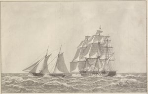 Een schoener die een achtervolgende fregat overloopt door Christoffer Wilhelm Eckersberg