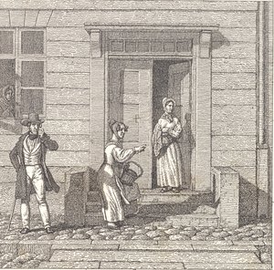 Straatscène, twee meisjes, een heer en een vrouw kijken naar iets door Christoffer Wilhelm Eckersberg