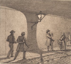 Straatscène bij lantaarnlicht. Illustratie voor "Linearperspectief", Tafel VIII door Christoffer Wilhelm Eckersberg