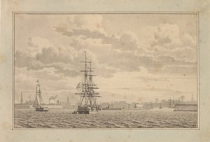 Kopenhagen gezien vanaf de Buitenhaven met een brig voor anker en een varende sloep