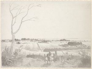Landschap met boerendochter bij een hek