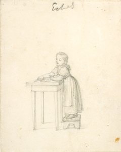 Klein meisje staand op een krukje bij een tafel