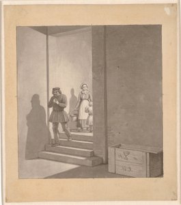 Man op weg naar beneden op trap, op de achtergrond vrouw en kind door Christoffer Wilhelm Eckersberg