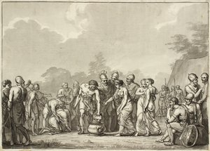 De koningin van de Massageten, Tomyris, laat het hoofd van Cyrus in een vat met bloed werpen