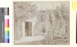 Deel waarschijnlijk van de tuin van Palazzo Barberini met Romeinse Antinous-standbeeld in Egyptische stijl, Rome door Christoffer Wilhelm Eckersberg