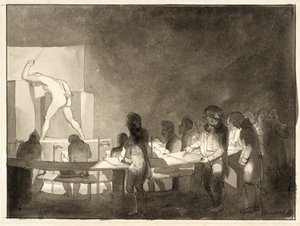 Satire op de Levensklas aan de Koninklijke Academie voor Schone Kunsten door Christoffer Wilhelm Eckersberg