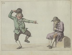 Satirisch blad; een man springt en lacht terwijl hij wijst naar een zittende oude man door Christoffer Wilhelm Eckersberg
