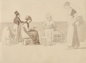 Scène van een binnenplaats of kade in Parijs. Vier zittende, staande en lopende figuren.